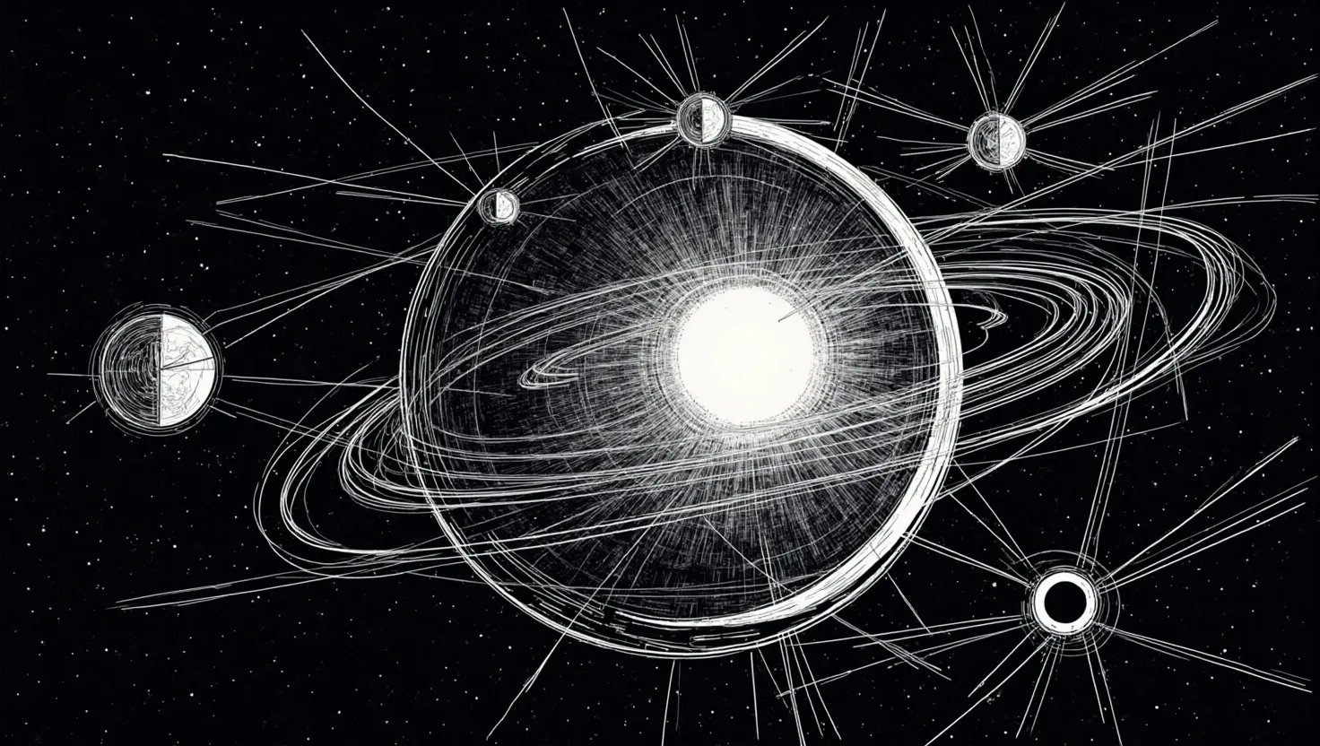 planetary intelligence illustration – glowing planet with concentric data rings and moonlets showing global feedback loops