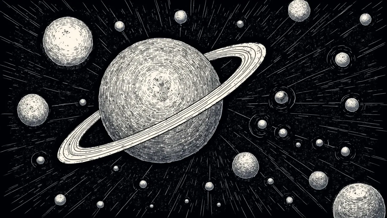 self-organised criticality concept art – ringed planet emitting particle jets symbolising distributed computation