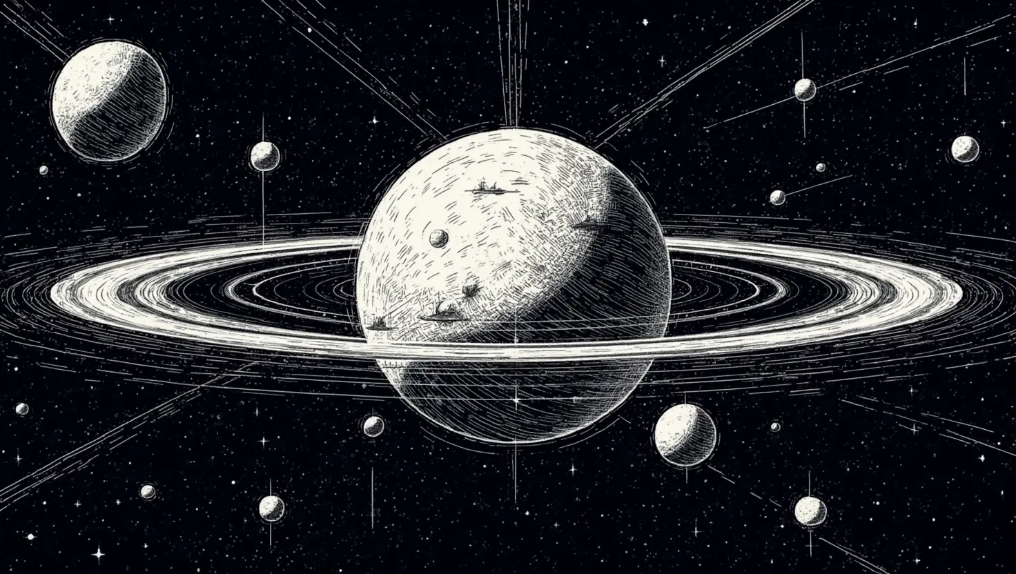 anticipatory regulation visual – ring-bound planet with moons portraying predictive planetary feedback