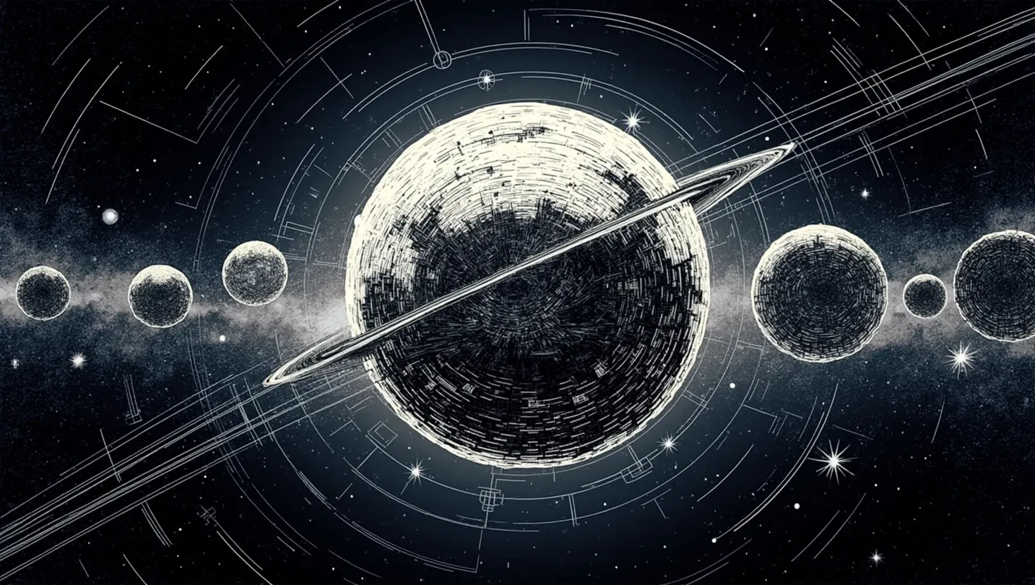 planetary connectome graphic – ringed planet with circuit patterns implying biosphere-technosphere coupling