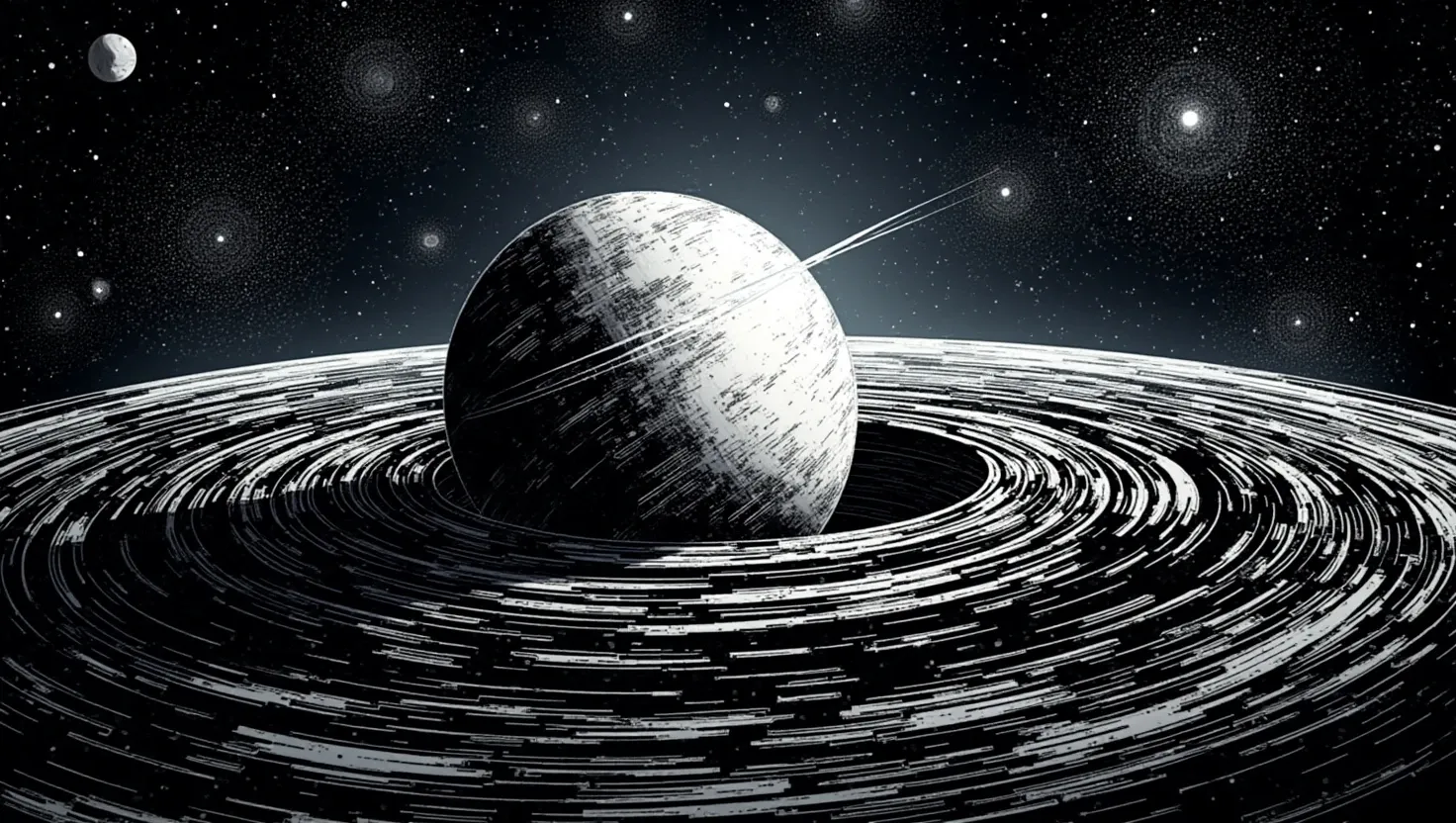 information throughput vortex – spherical core within swirling rings representing high-volume planetary data flow