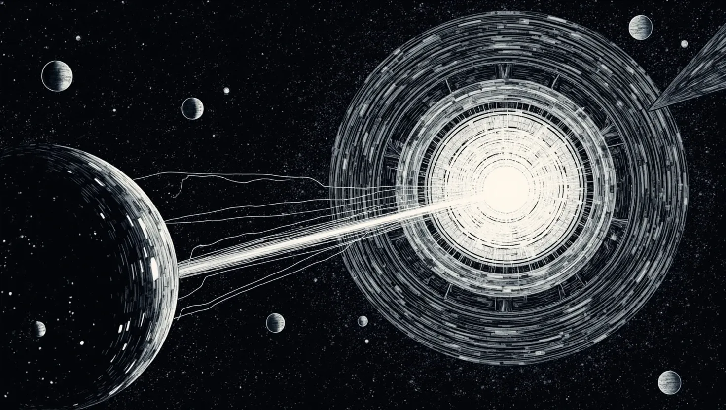 technosphere expansion scene – ringed planets and satellites highlighting human-driven information circuits