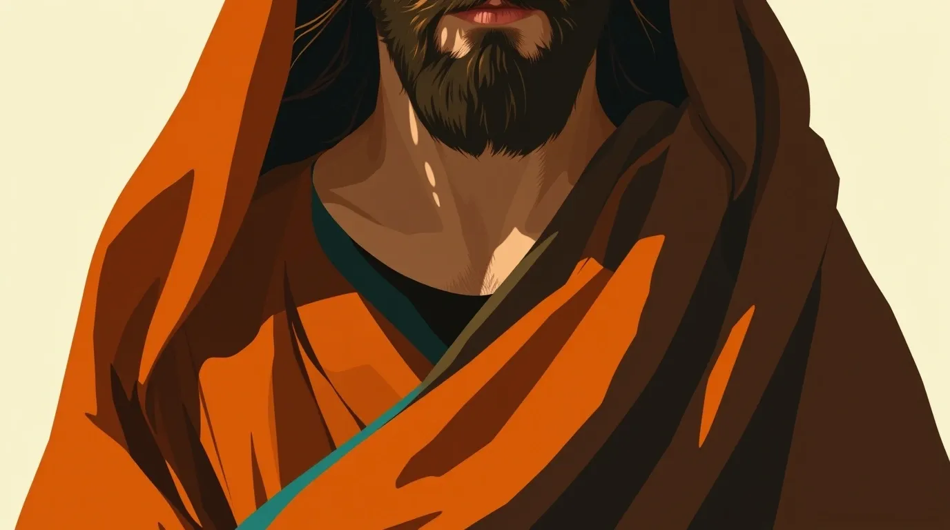 Stylized illustration of a bearded figure in flowing orange and brown robes, rendered in a modern minimalist art style with warm earth tones