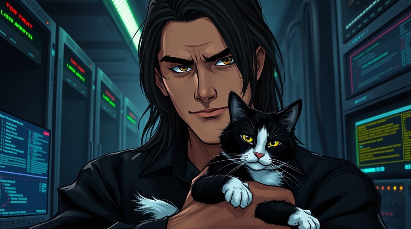 Figure with long dark hair holding a black and white cat in a server room with multiple monitors displaying code and system logs