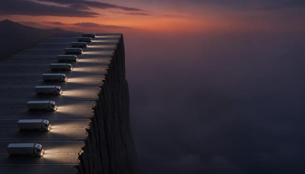 A convoy of trucks drives a wide highway at dusk, the outermost lane running along the edge of a sheer cliff — competitive automation approaching the tipping frontier.